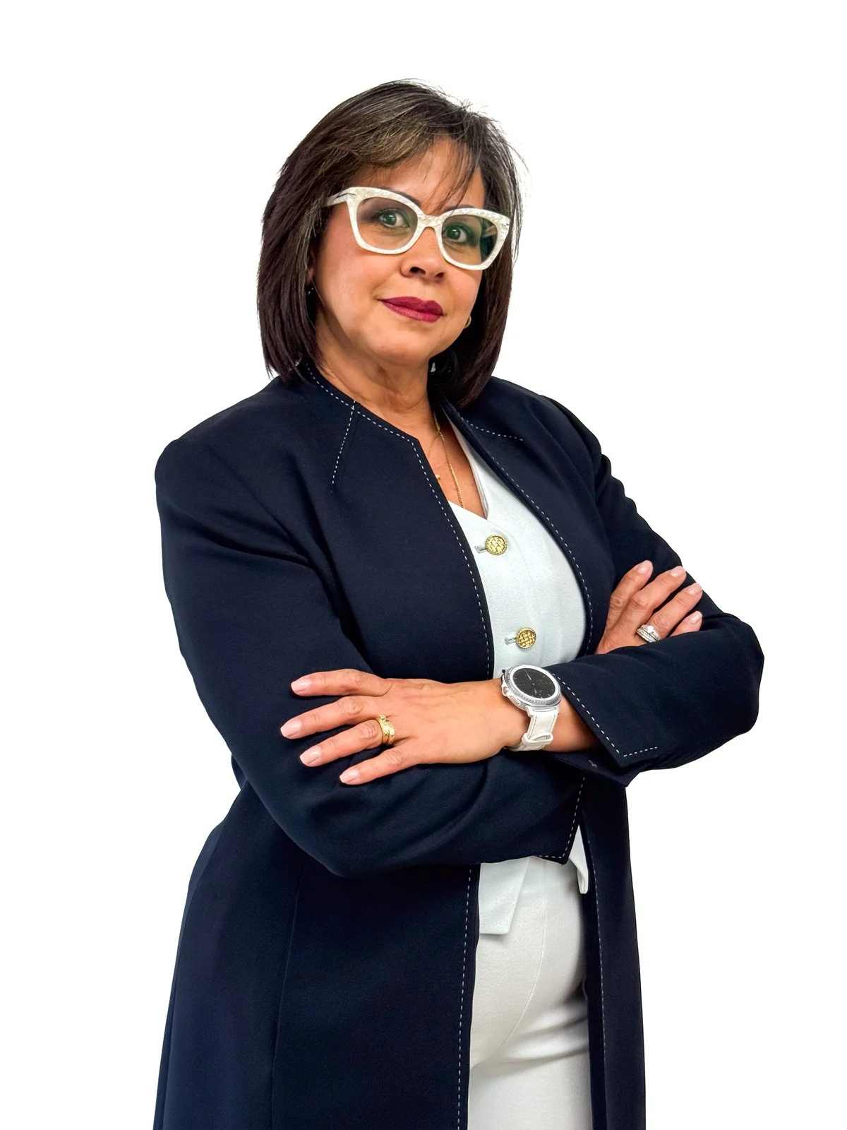 Retrato con gafas claras y chaqueta azul oscuro